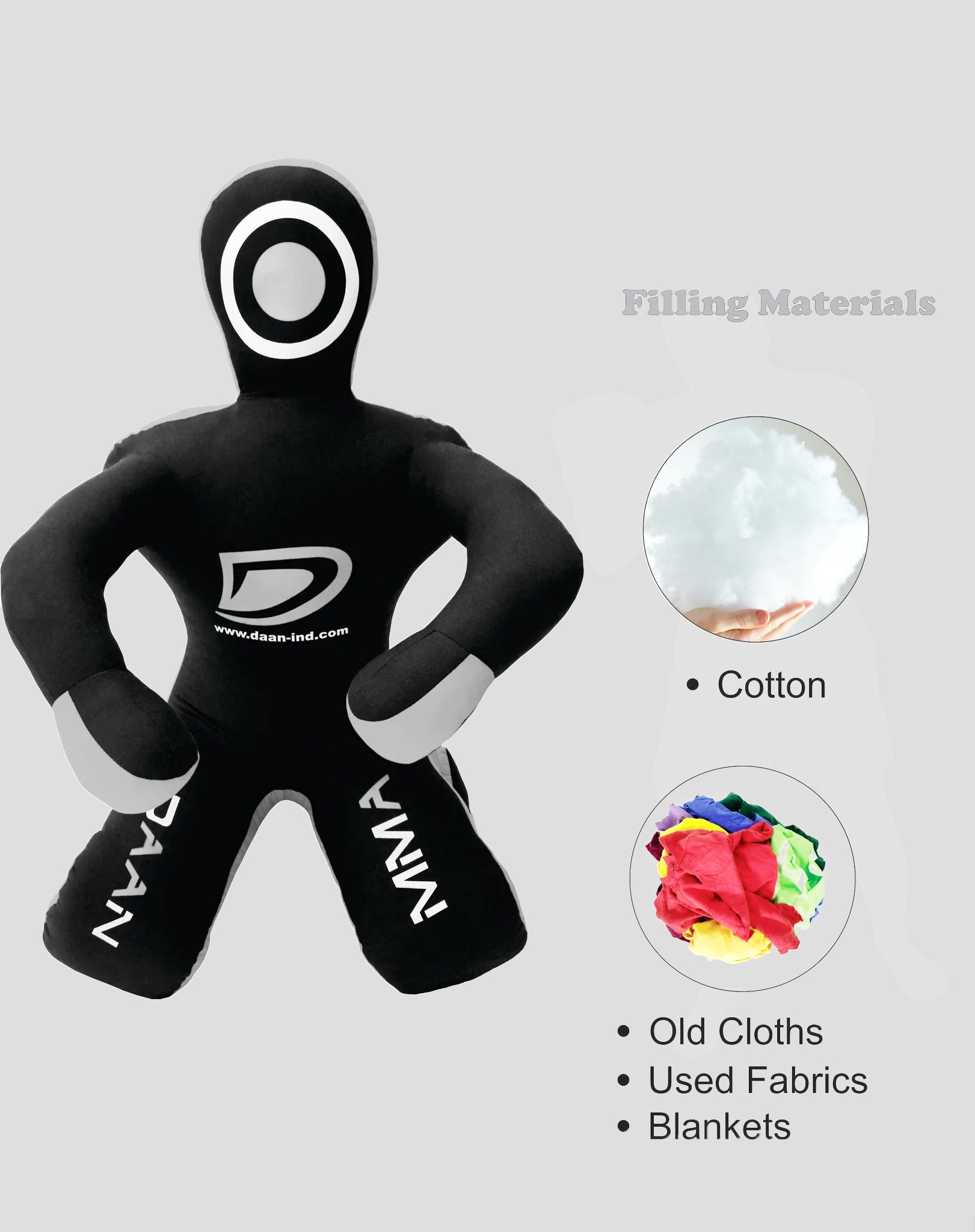 Black MMA training dummy with white text and a logo, surrounded by icons indicating filling materials.